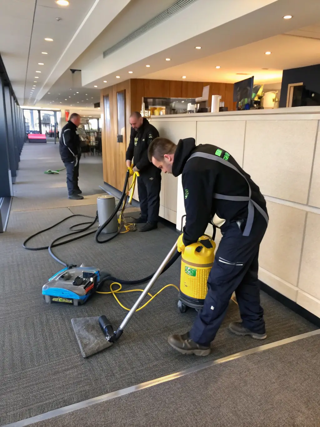 A shot of steam cleaning equipment being used in a commercial space, highlighting the efficiency and minimal disruption of the process. The image should convey the professionalism and reliability of the service.